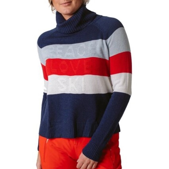 Krimson Klover Sweaters - Krimson Klover Joni Striped Embossed Peace Love Ski Blue Red Embossed Sweater